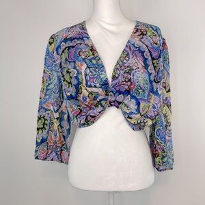 Zara Paisley Printed Cropped Top. Twist Front. Puff Sleeves. Size Large. NWT.